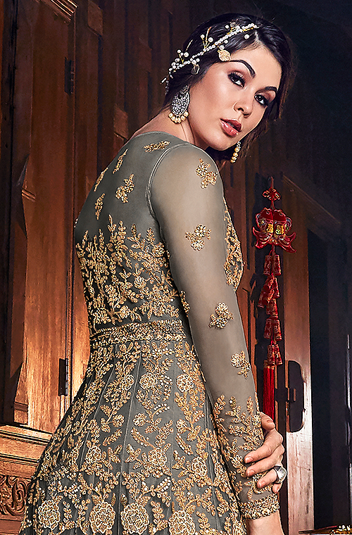 Gray & Gold Designer Embroidered Silk Bridal Anarkali Gown-Saira's Boutique