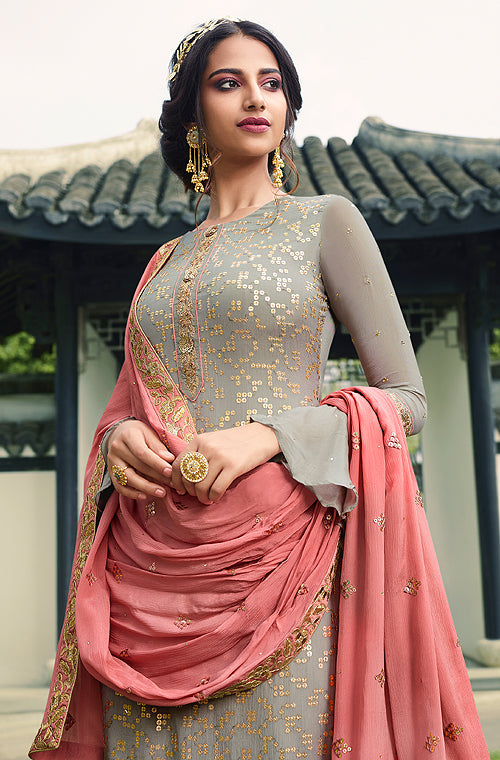 Gray & Rouge Pink Designer Embroidered Wedding Palazzo Suit-Saira's Boutique
