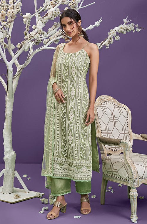 Green Mist Designer Embroidered Party Wear Lucknowi Pant Suit