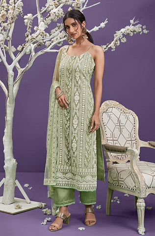 Sage Green Designer Embroidered Party Wear Georgette Pant Suit