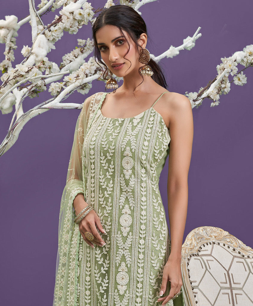 Green Mist Designer Embroidered Party Wear Lucknowi Pant Suit-Saira's Boutique