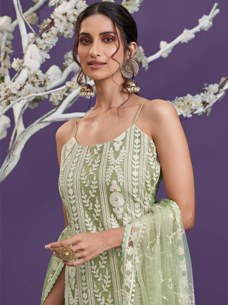 Green Mist Designer Embroidered Party Wear Lucknowi Pant Suit-Saira's Boutique