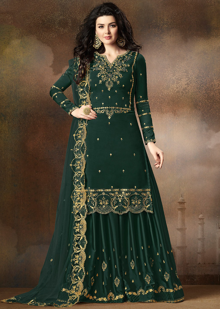 Green Designer Embroidered Art Silk Sharara Suit-Saira's Boutique