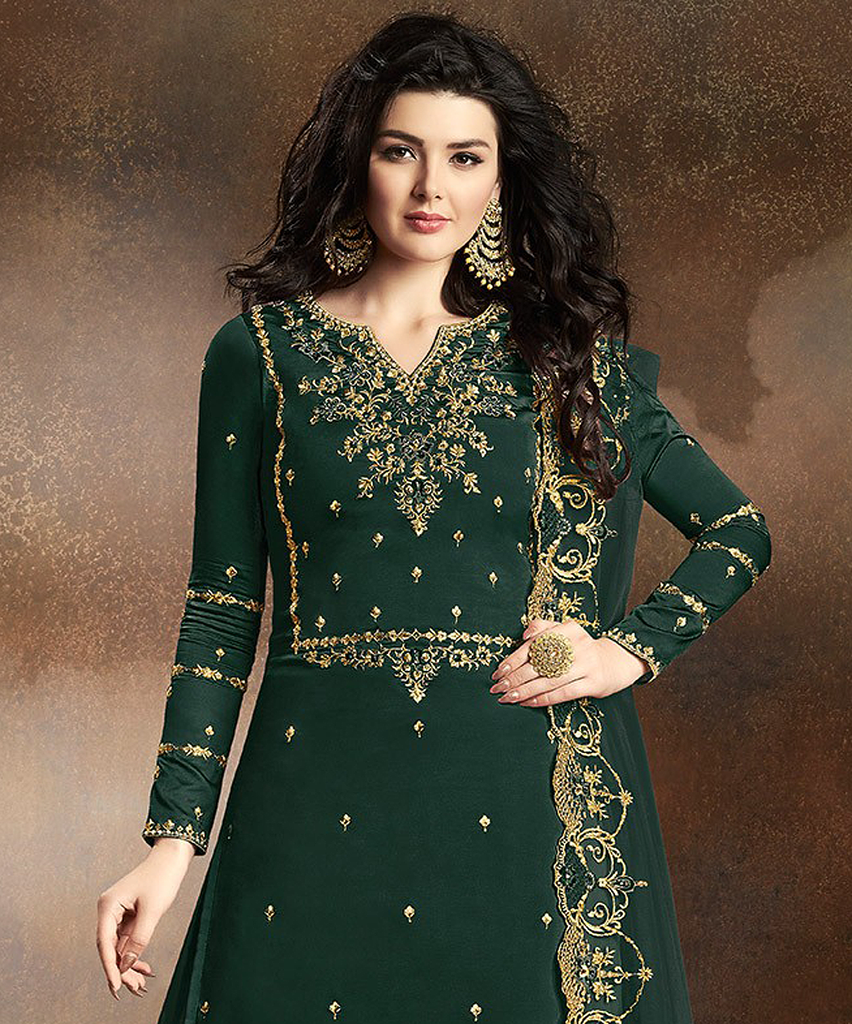 Green Designer Embroidered Art Silk Sharara Suit-Saira's Boutique