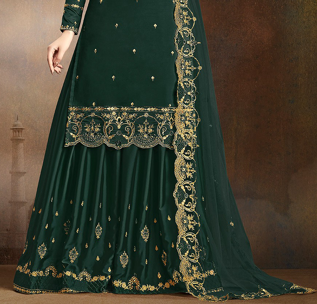 Green Designer Embroidered Art Silk Sharara Suit-Saira's Boutique