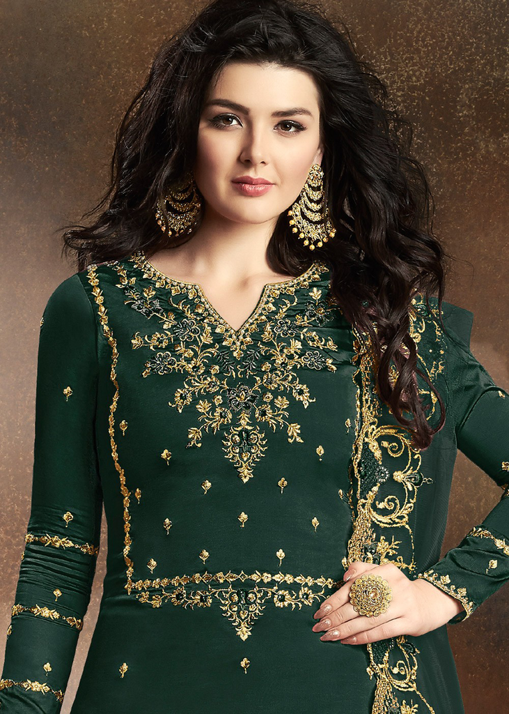 Green Designer Embroidered Art Silk Sharara Suit-Saira's Boutique