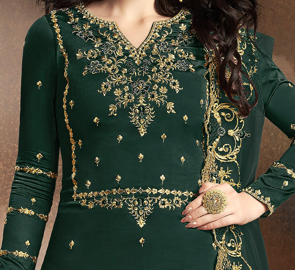 Green Designer Embroidered Art Silk Sharara Suit-Saira's Boutique