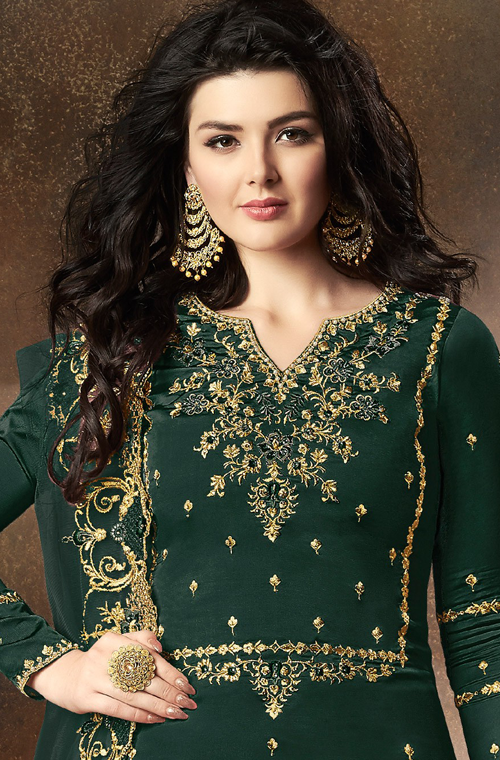 Green Designer Embroidered Art Silk Sharara Suit-Saira's Boutique