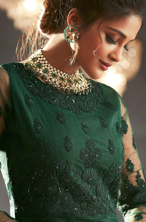 Green Designer Heavy Embroidered Net Wedding Layered Anarkali Gown-Saira's Boutique