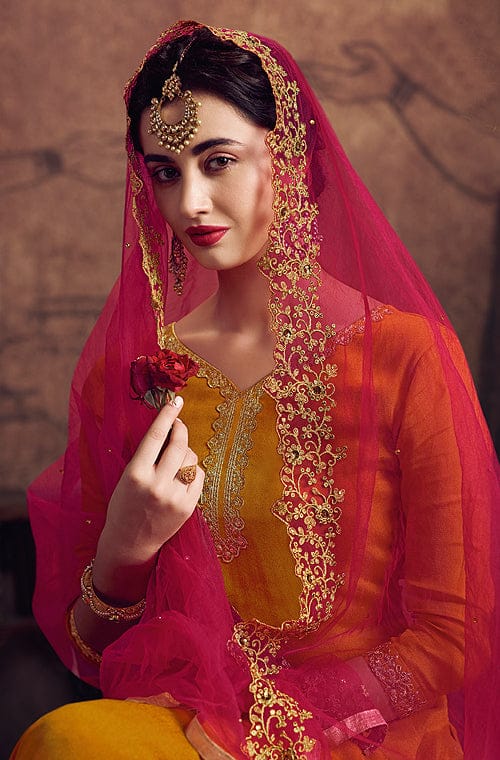 Honey Mustard & Magenta Designer Embroidered Georgette Palazzo Suit-Saira's Boutique