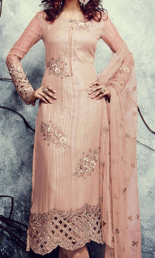Peach Embroidered Georgette Churidar Suit-Saira's Boutique