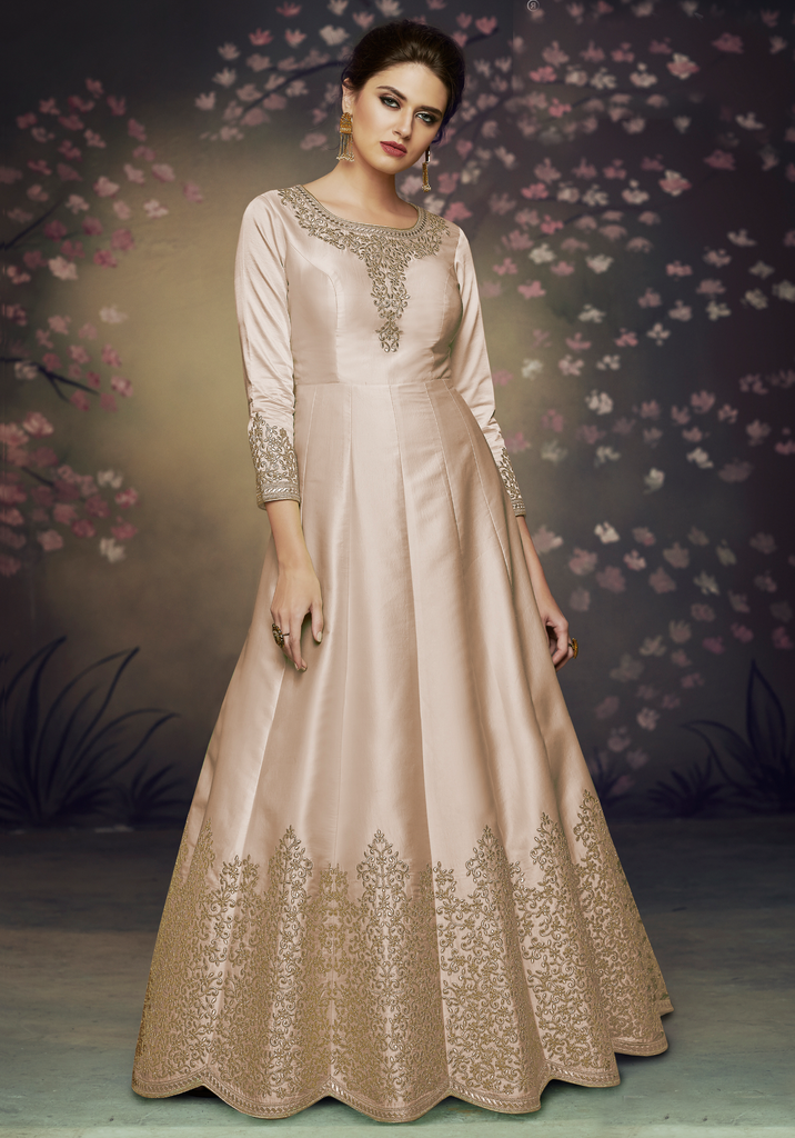 Ivory Beige Designer Embroidered Satin Silk Anarkali Gown-Saira's Boutique