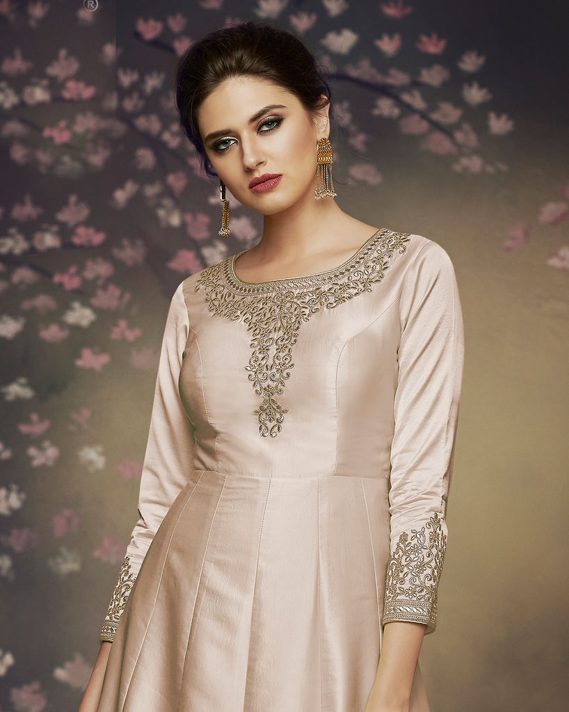 Ivory Beige Designer Embroidered Satin Silk Anarkali Gown-Saira's Boutique