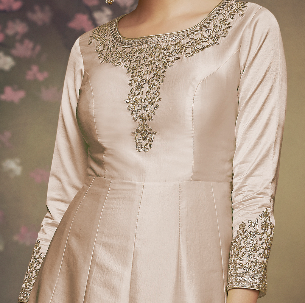 Ivory Beige Designer Embroidered Satin Silk Anarkali Gown-Saira's Boutique
