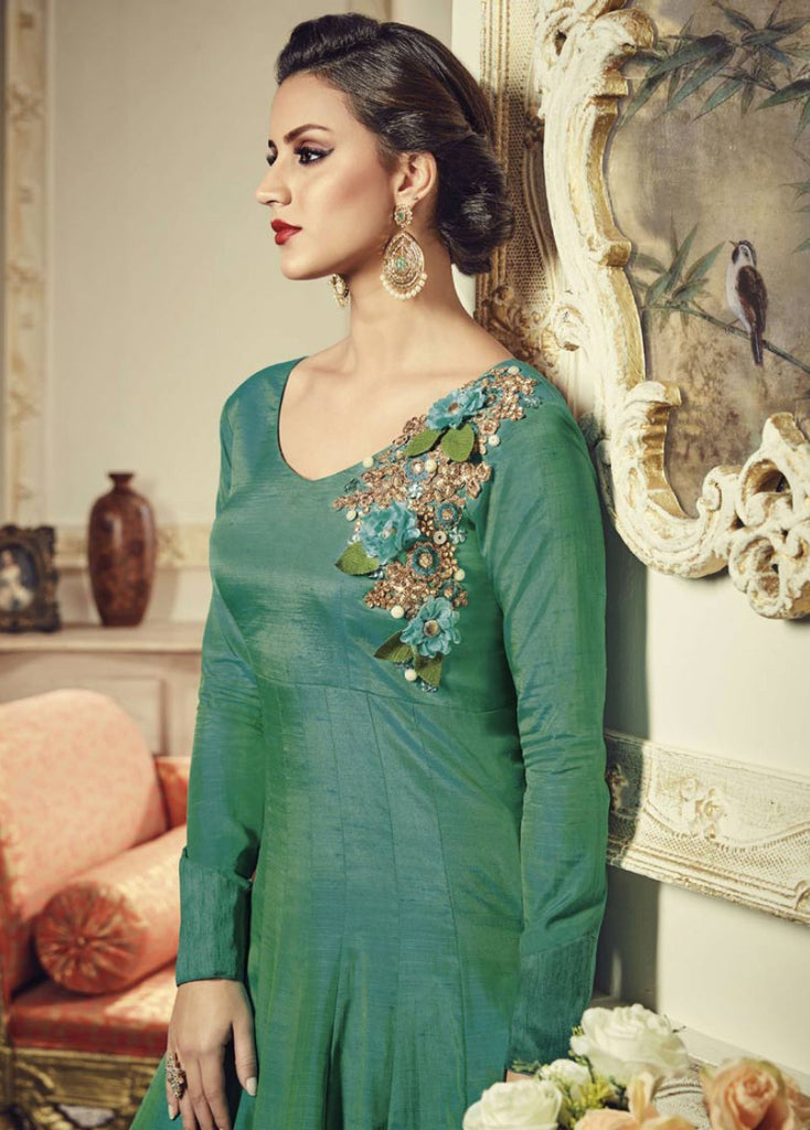 Jade Green Designer Embroidered Silk Anarkali Gown-Saira's Boutique