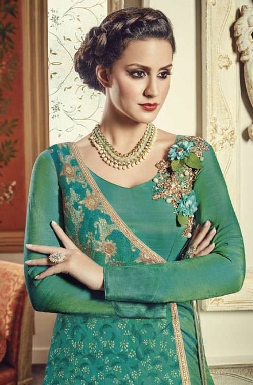 Jade Green Designer Embroidered Silk Anarkali Gown-Saira's Boutique