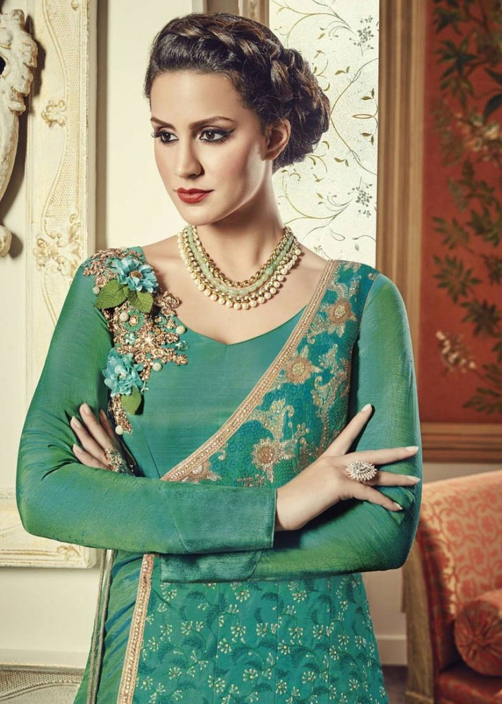Jade Green Designer Embroidered Silk Anarkali Gown-Saira's Boutique