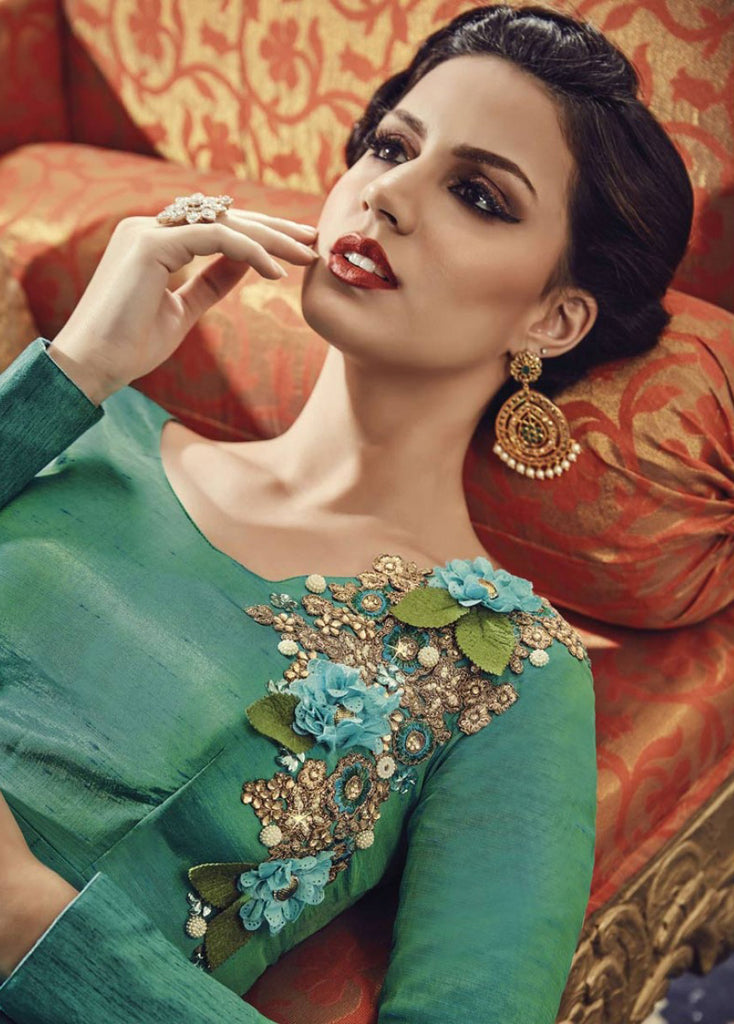 Jade Green Designer Embroidered Silk Anarkali Gown-Saira's Boutique