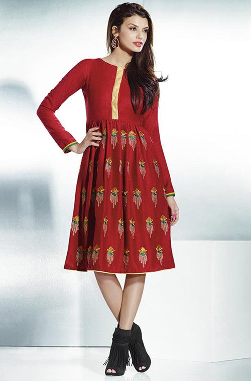 Brick Red Embroidered Pashmina Kurti-Saira's Boutique