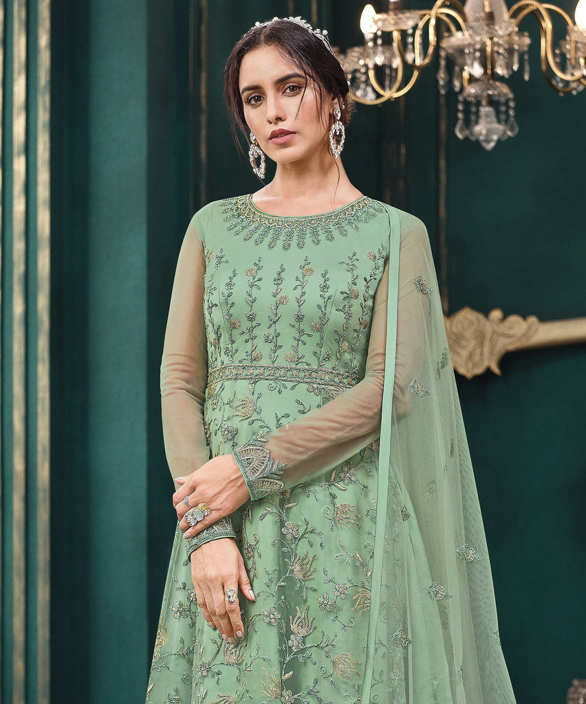 Laurel Green Designer Embroidered Net Wedding Anarkali Suit-Saira's Boutique