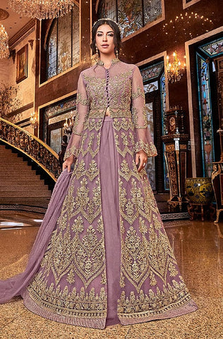 Mustard Designer Embroidered Net Wedding Anarkali Suit