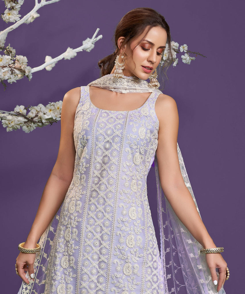 Lavender Designer Embroidered Party Wear Lucknowi Pant Suit-Saira's Boutique