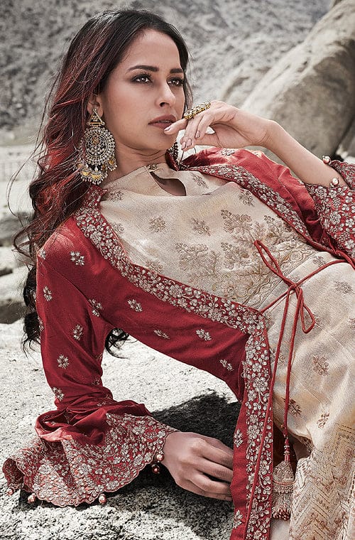 Light Beige & Maroon Designer Embroidered Wedding Jacket Style Anarkali Suit-Saira's Boutique
