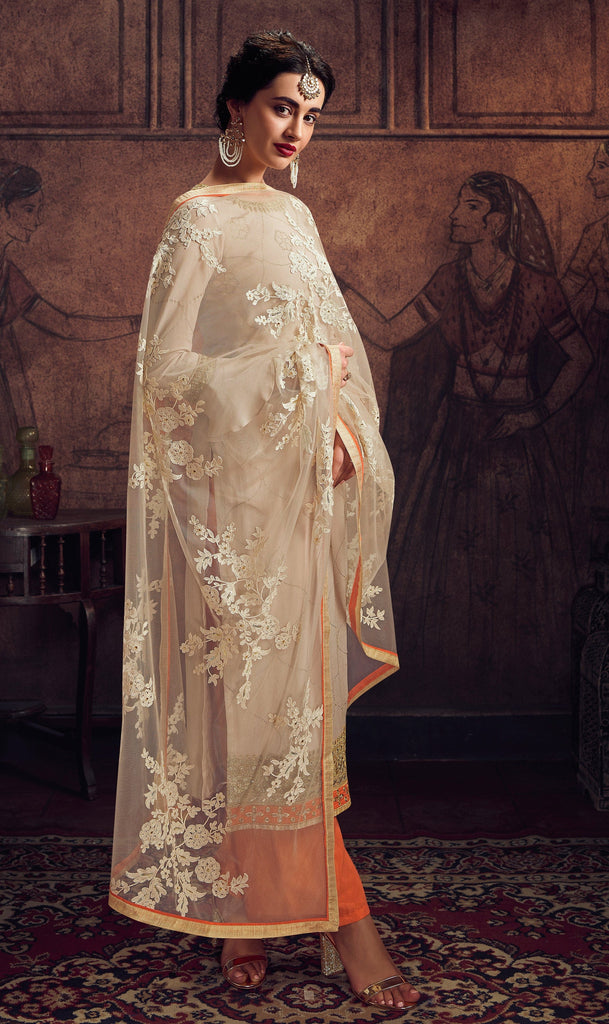 Light Beige & Orange Designer Embroidered Georgette Palazzo Suit-Saira's Boutique
