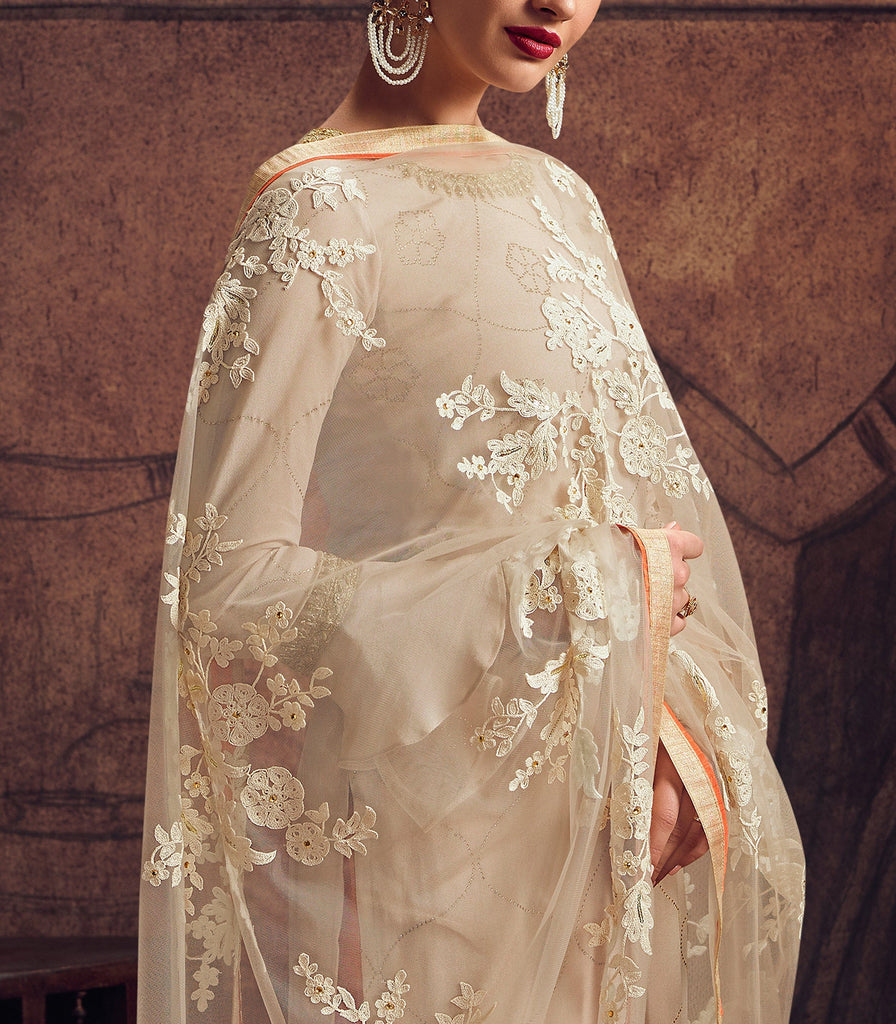 Light Beige & Orange Designer Embroidered Georgette Palazzo Suit-Saira's Boutique