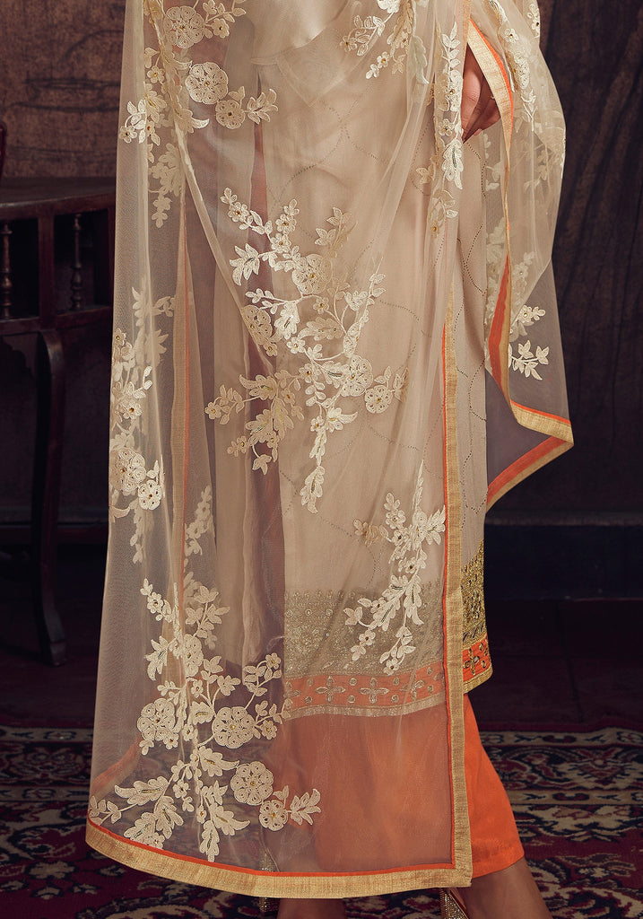 Light Beige & Orange Designer Embroidered Georgette Palazzo Suit-Saira's Boutique