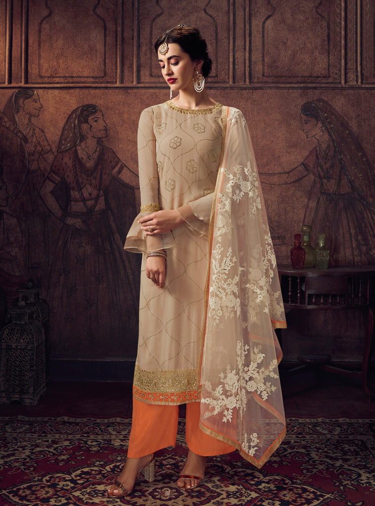 Light Beige & Orange Designer Embroidered Georgette Palazzo Suit-Saira's Boutique