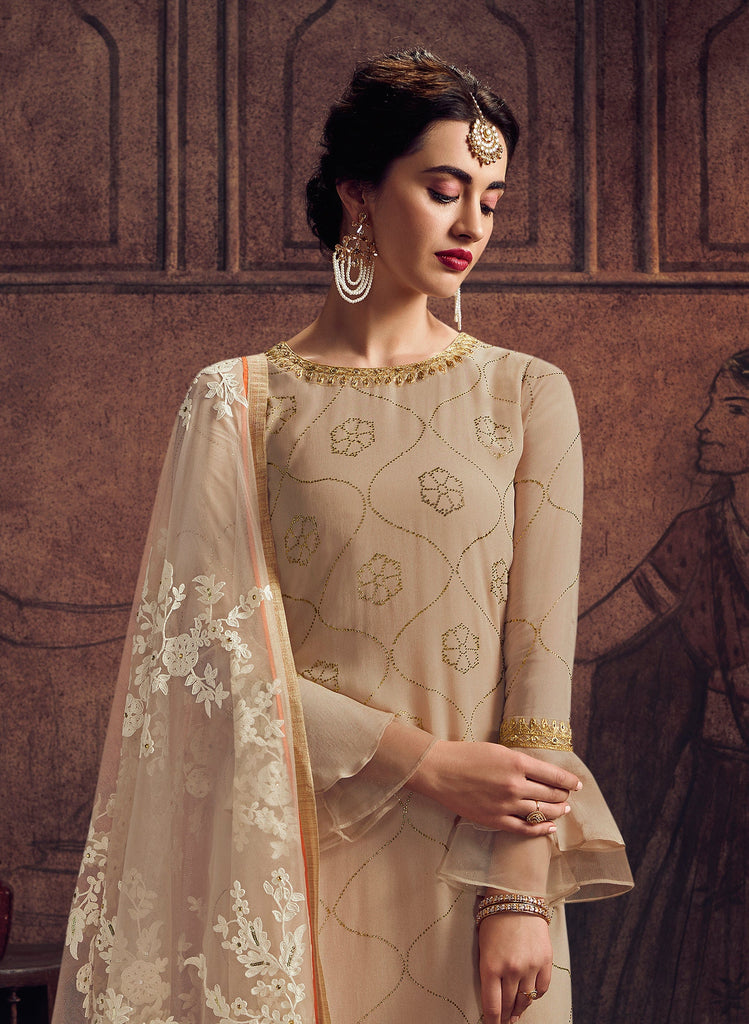 Light Beige & Orange Designer Embroidered Georgette Palazzo Suit-Saira's Boutique