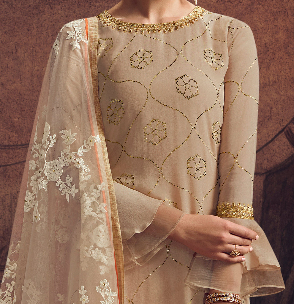 Light Beige & Orange Designer Embroidered Georgette Palazzo Suit-Saira's Boutique