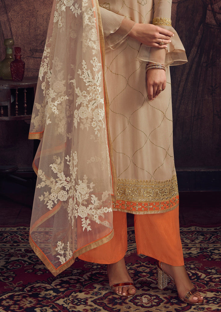 Light Beige & Orange Designer Embroidered Georgette Palazzo Suit-Saira's Boutique