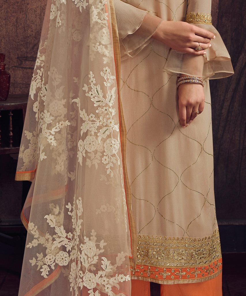 Light Beige & Orange Designer Embroidered Georgette Palazzo Suit-Saira's Boutique
