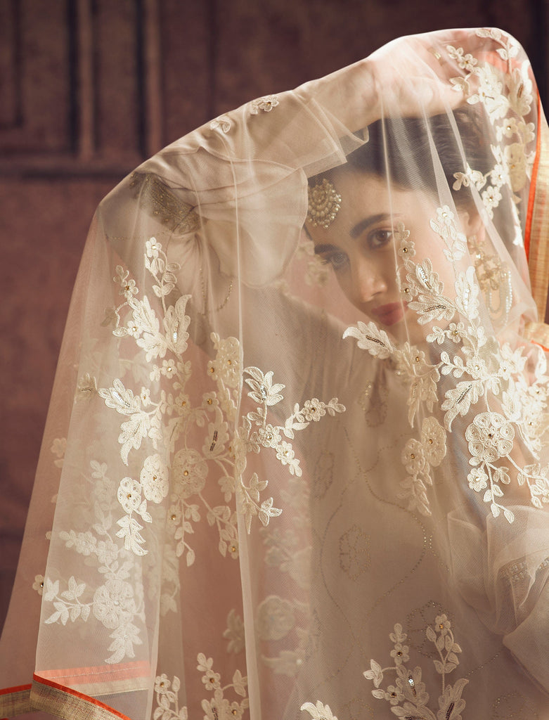 Light Beige & Orange Designer Embroidered Georgette Palazzo Suit-Saira's Boutique