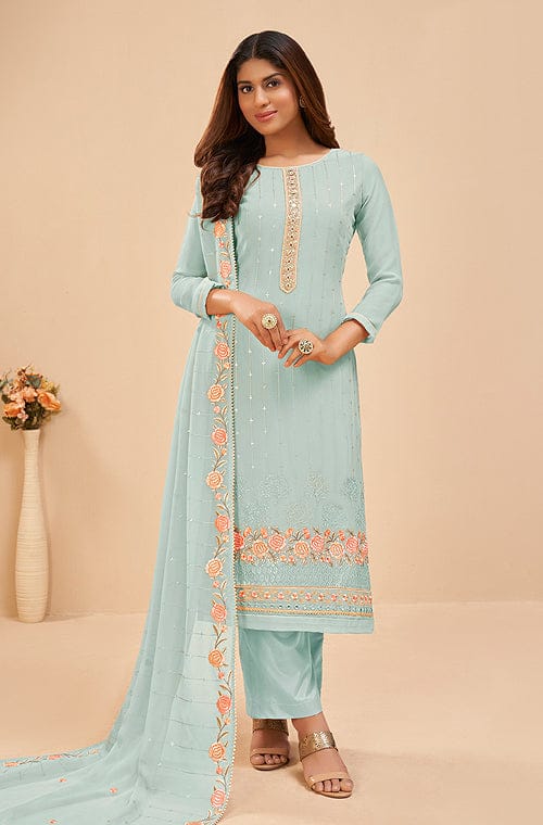 RF - Sky Blue color Greorgette Straight Suit. - Designer Salwar Kameez -  Salwar Suits - Indian