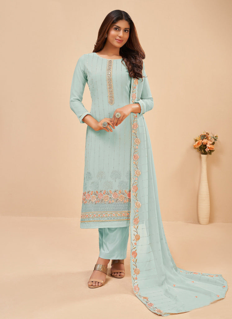 Light blue Embroidered Mehndi Trendy Anarkali Salwar Kameez - Hirpara House  - 4029415