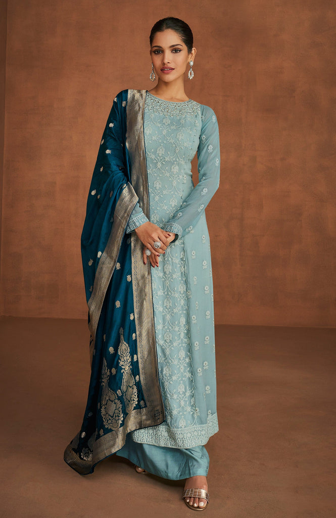 Light Blue & Cyprus Blue Designer Embroidered Georgette Palazzo Suit ...