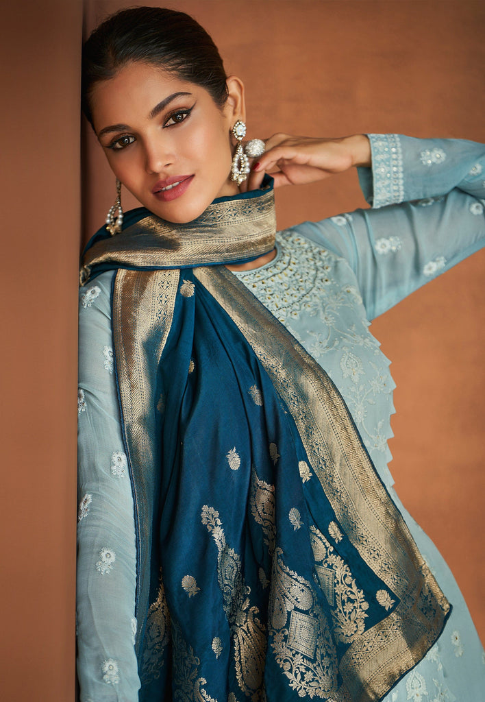 Light Blue & Cyprus Blue Designer Embroidered Georgette Palazzo Suit-Saira's Boutique