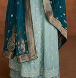 Light Blue & Cyprus Blue Designer Embroidered Georgette Palazzo Suit-Saira's Boutique