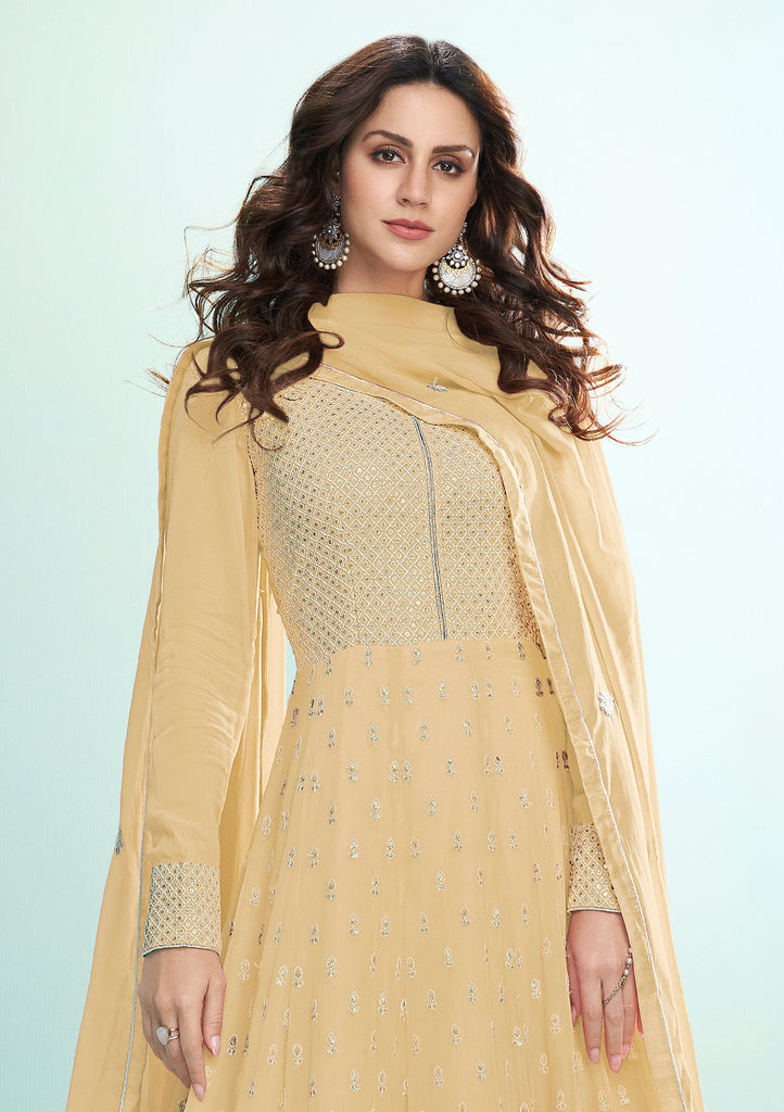Light Cream Beige Designer Embroidered Party Wear Anarkali Suit-Saira's Boutique