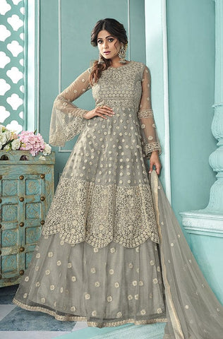 Palm Green Designer Embroidered Floor Length Silk Anarkali Suit