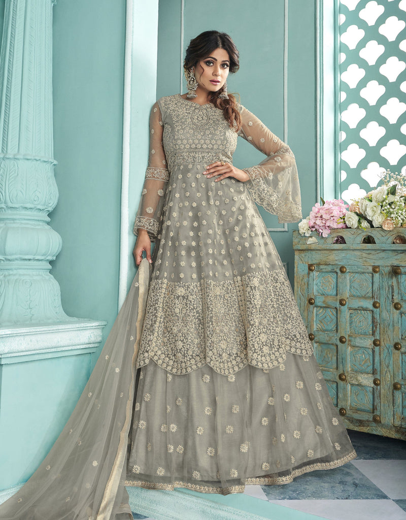 Light Gray Designer Embroidered Lehenga Style Anarkali Suit-Saira's Boutique