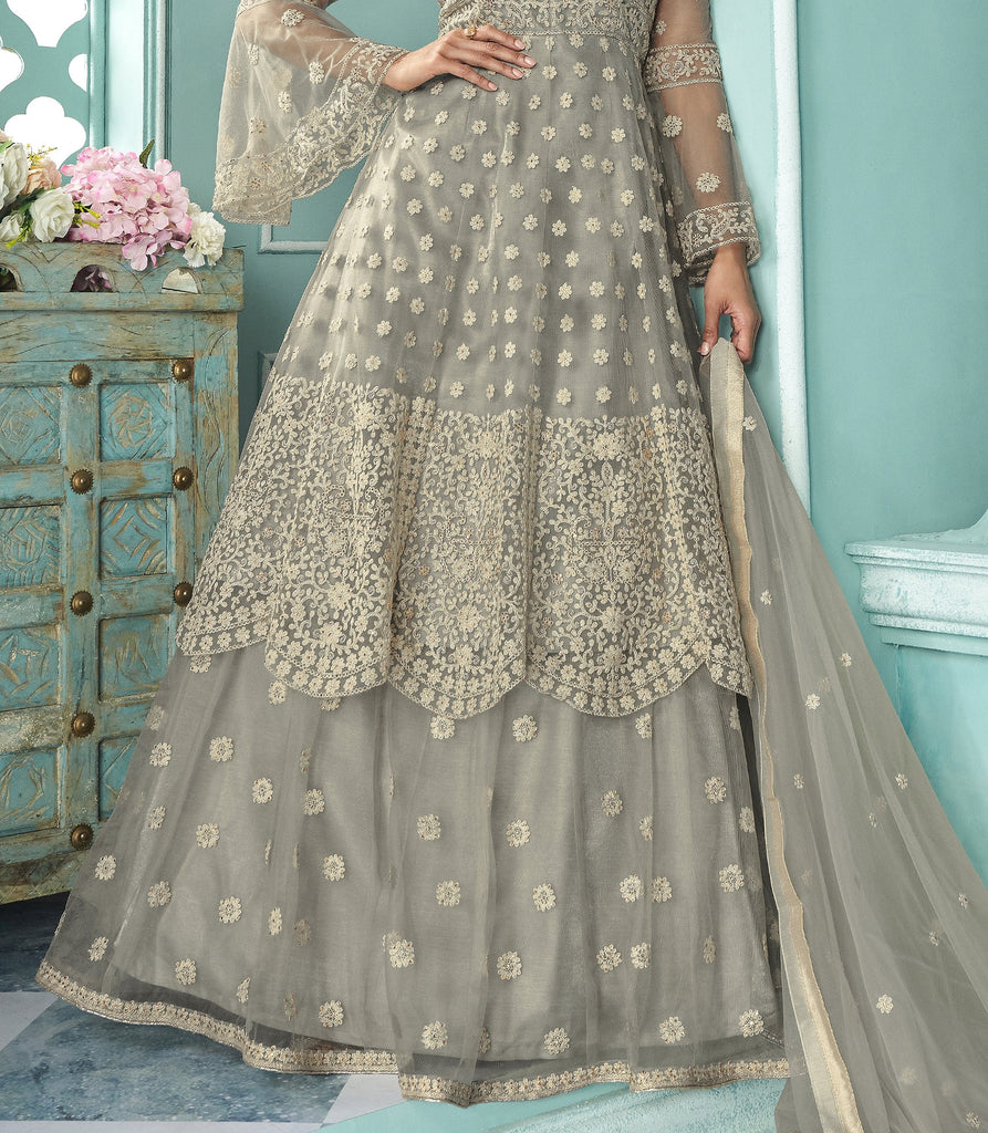 Light Gray Designer Embroidered Lehenga Style Anarkali Suit-Saira's Boutique