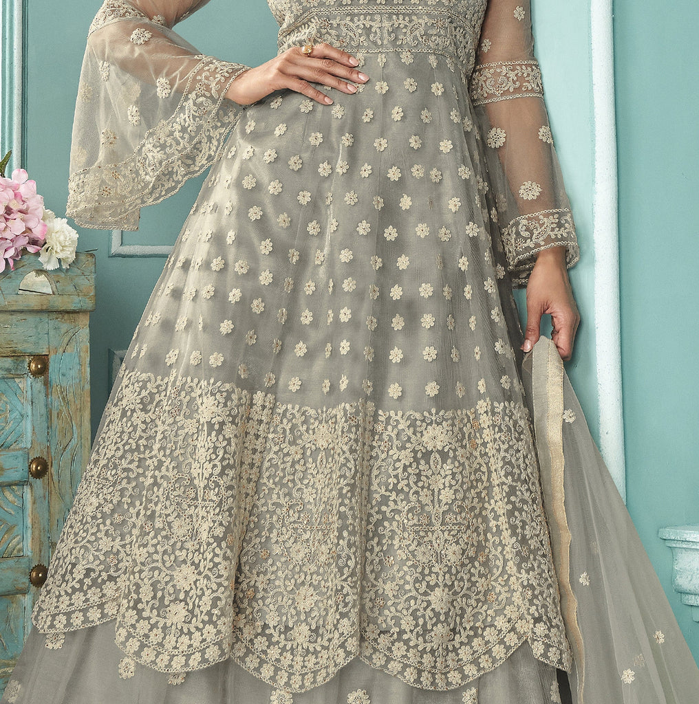 Light Gray Designer Embroidered Lehenga Style Anarkali Suit-Saira's Boutique