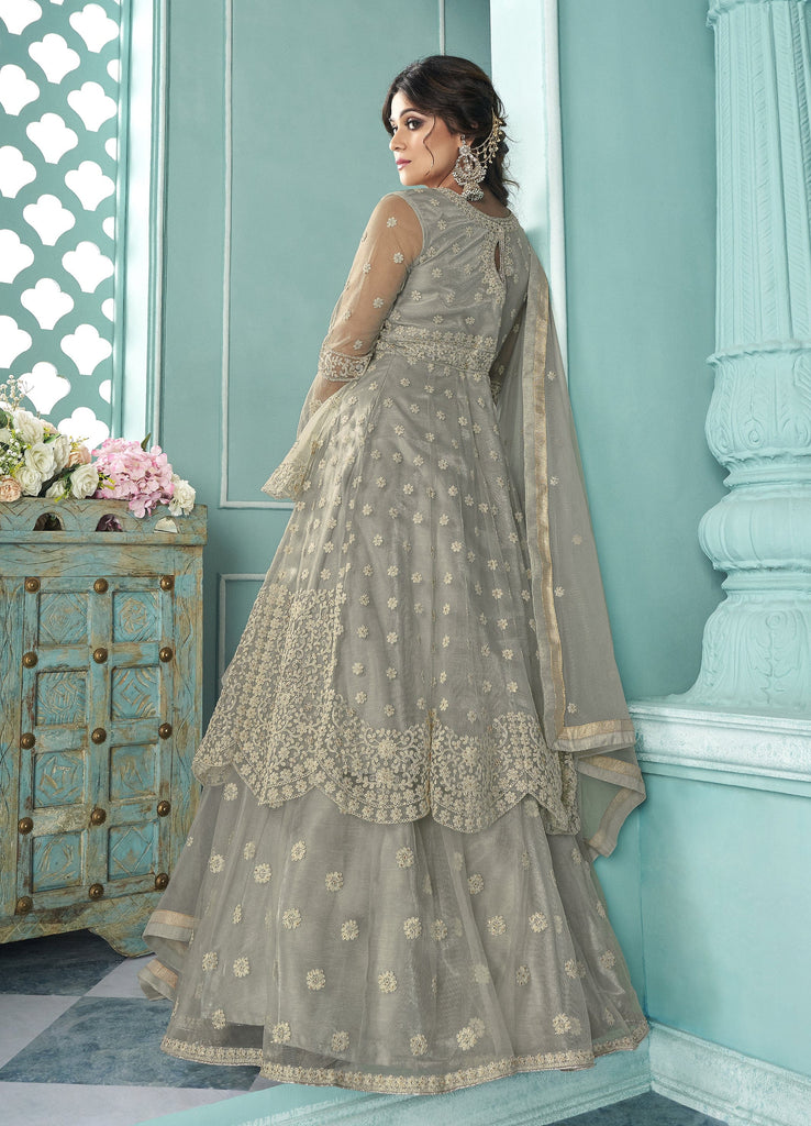 Light Gray Designer Embroidered Lehenga Style Anarkali Suit-Saira's Boutique