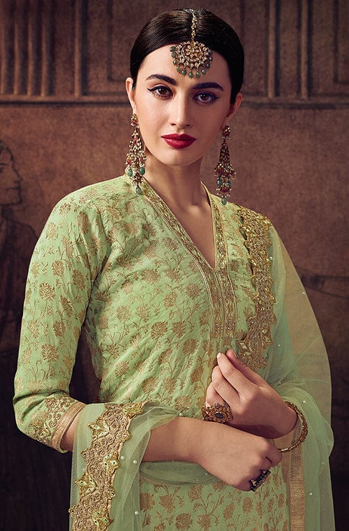 Light Green Designer Embroidered Pure Jacquard Palazzo Suit-Saira's Boutique