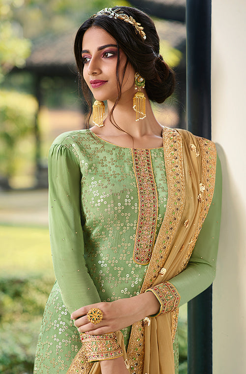 Light Green & Beige Designer Embroidered Wedding Palazzo Suit-Saira's Boutique