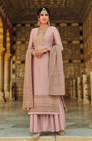 Pale Mustard Designer Embroidered Heavy Chinon Party Wear Sharara Suit